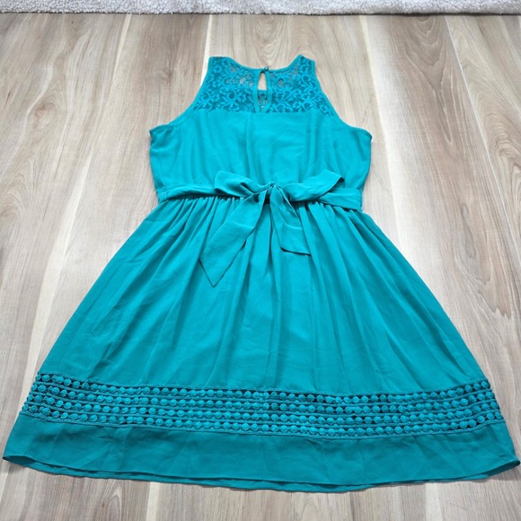 IZ Byer Lace Dress Turquoise Blue Fit Flare Sleeveless Boho Party Large Womens - Picture 2 of 9